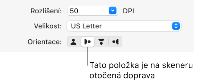 Tlačítka Orientace v okně Skener. Zvýrazněné tlačítko ukazuje, že položka je na skeneru otočená doprava.