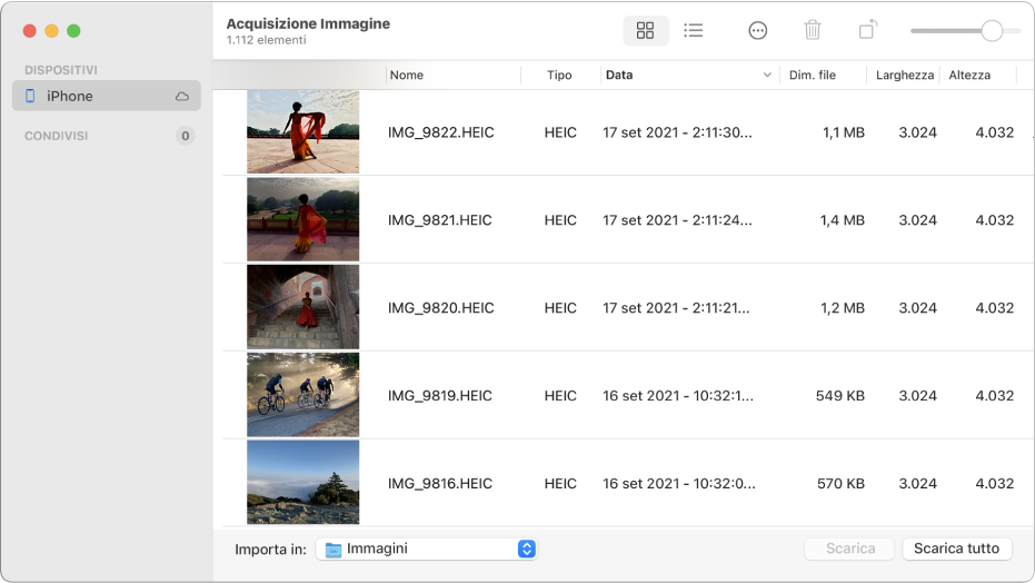 La finestra di Acquisizione Immagine con le foto da importare da iPhone.