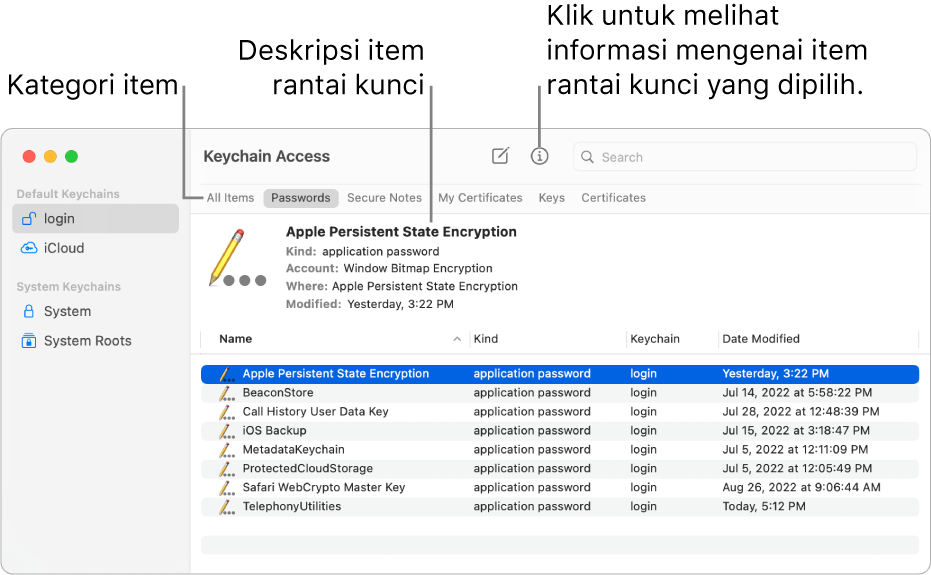 Jendela Akses Rantai Kunci. Di sebelah kiri terdapat daftar rantai kunci Anda. Di kanan atas terdapat daftar kategori item di rantai kunci yang dipilih (seperti Kata Sandi). Di bagian kanan bawah adalah daftar item dalam kategori yang dipilih, dan di atas daftar item adalah deskripsi item yang dipilih.