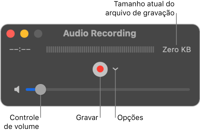 A janela “Gravação de áudio” com o botão Gravar e o menu pop-up Opções no centro da janela e o controlo de volume na parte inferior.