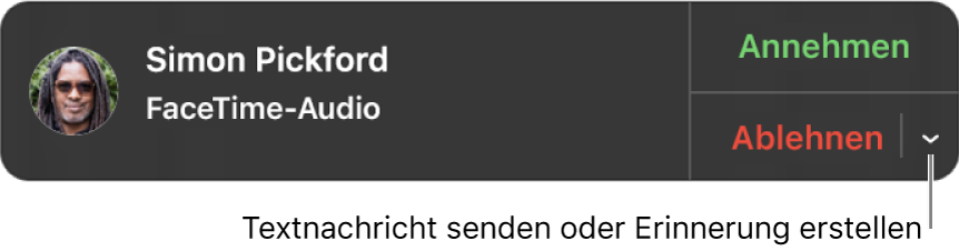 Klicke in der Mitteilung auf den Pfeil neben „Ablehnen“, um eine Textnachricht zu senden oder eine Erinnerung zu erstellen.