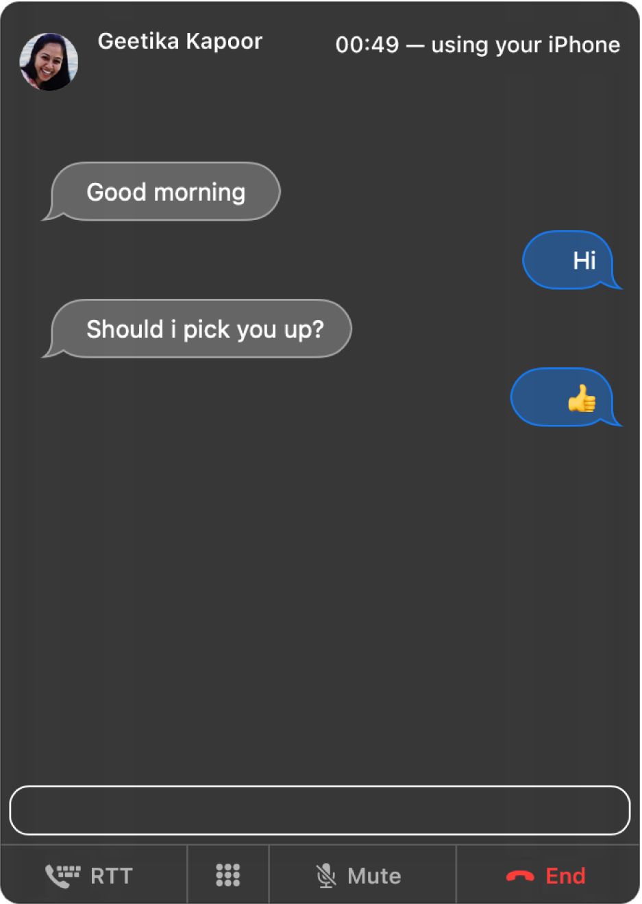 An RTT window with a conversation between two people.