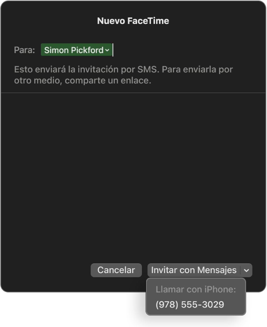 La ventana “Nuevo FaceTime” con el nombre de una persona en el campo Para. En la ventana emergente ubicada en el área inferior se indica que se puede invitar con Mensajes (enviar un SMS) o llamar usando el iPhone.