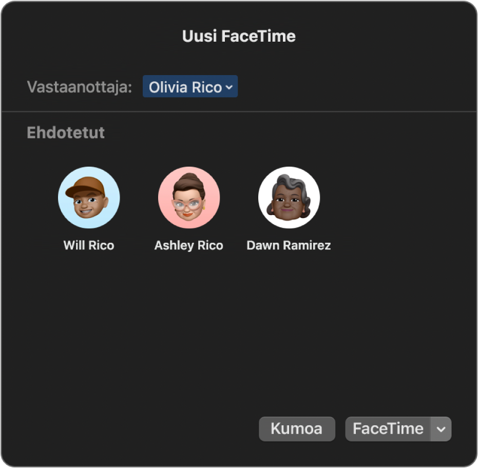 Uusi FaceTime-ikkuna – syötä osallistujat suoraan Vastaanottaja-kenttään tai valitse Ehdotetut-osiosta.