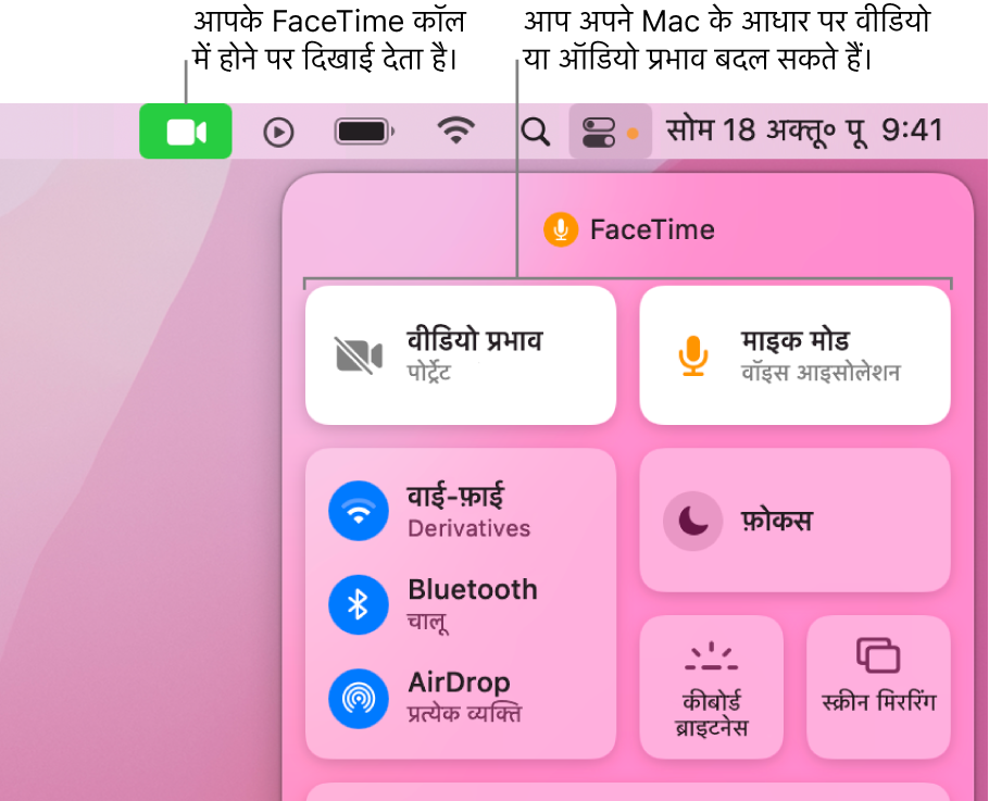 Mac स्क्रीन के शीर्ष-दाएँ कोने में स्थित कंट्रोल सेंटर, जो FaceTime आइकॉन (जो तब दिखाई देता है जब आप FaceTime कॉल में होते हैं) और वीडियो प्रभाव और माइक मोड (जो आपके Mac के आधार पर वीडियो या प्रभाव बदलते हैं) दिखाता है।