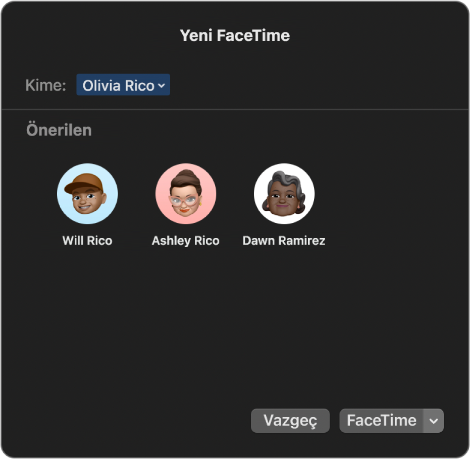 Yeni FaceTime penceresinde, arayanları doğrudan Kime alanına girin veya Önerilen’den seçin.