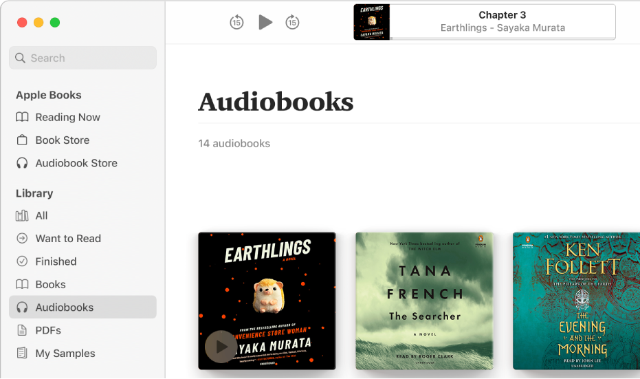 The audiobook player. Along the top are the player’s controls, a thumbnail of the audiobook’s cover and the audiobook’s title and author. Below is the Audiobooks collection in the library.