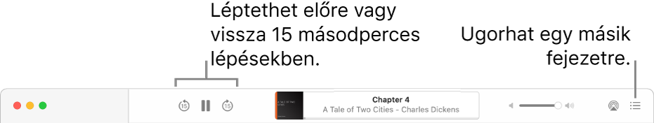 Az Apple Books hangoskönyvlejátszója; balról jobbra a következők láthatók: a Lejátszási sebesség gomb, a Léptetés előre és Léptetés vissza gomb, az Alvási időzítő gomb, az aktuális lejátszott hangoskönyv címe és szerződje, a Hangerő csúszka és a Tartalomjegyzék gomb.