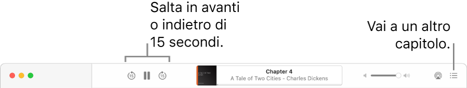 Il riproduttore di audiolibri in Apple Books che mostra, da sinistra a destra, il pulsante “Velocità riproduzione”, i pulsanti “Manda avanti” e “Manda indietro”, il pulsante Standby, il titolo e l'autore dell'audiolibro in riproduzione, il cursore Volume e il pulsante Indice.