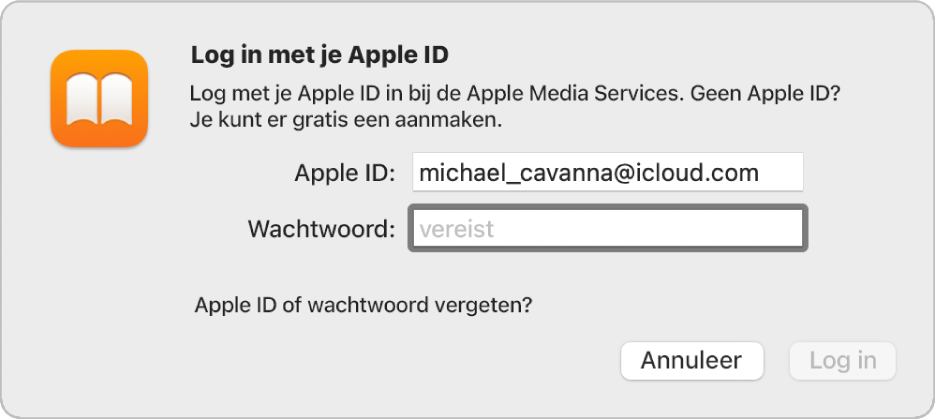 Het dialoogvenster waarmee je bij Apple Books inlogt met een Apple ID en wachtwoord.