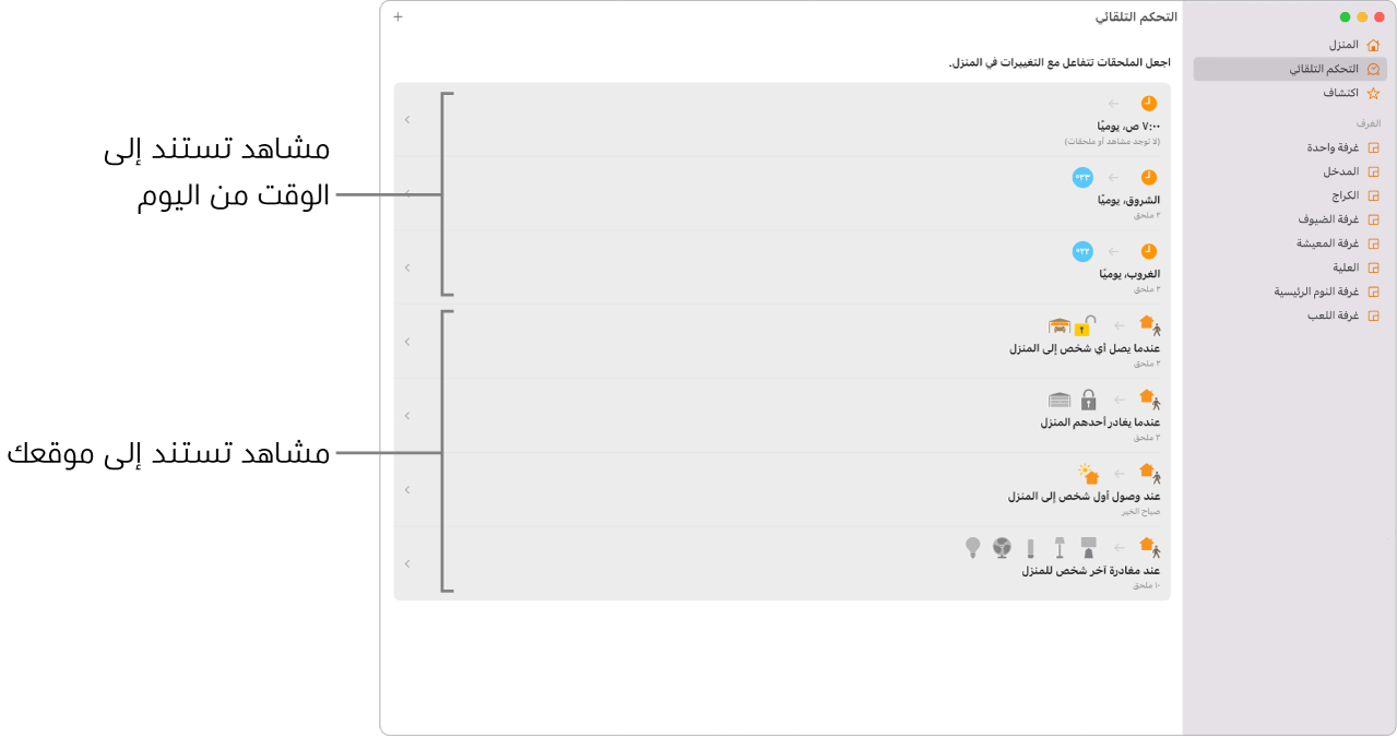 شاشة التحكم التلقائي تعرض مشاهد تستند إلى الوقت خلال اليوم ومشاهد تستند إلى الموقع؛ على سبيل المثال: عندما يصل شخص ما إلى المنزل أو يغادره.