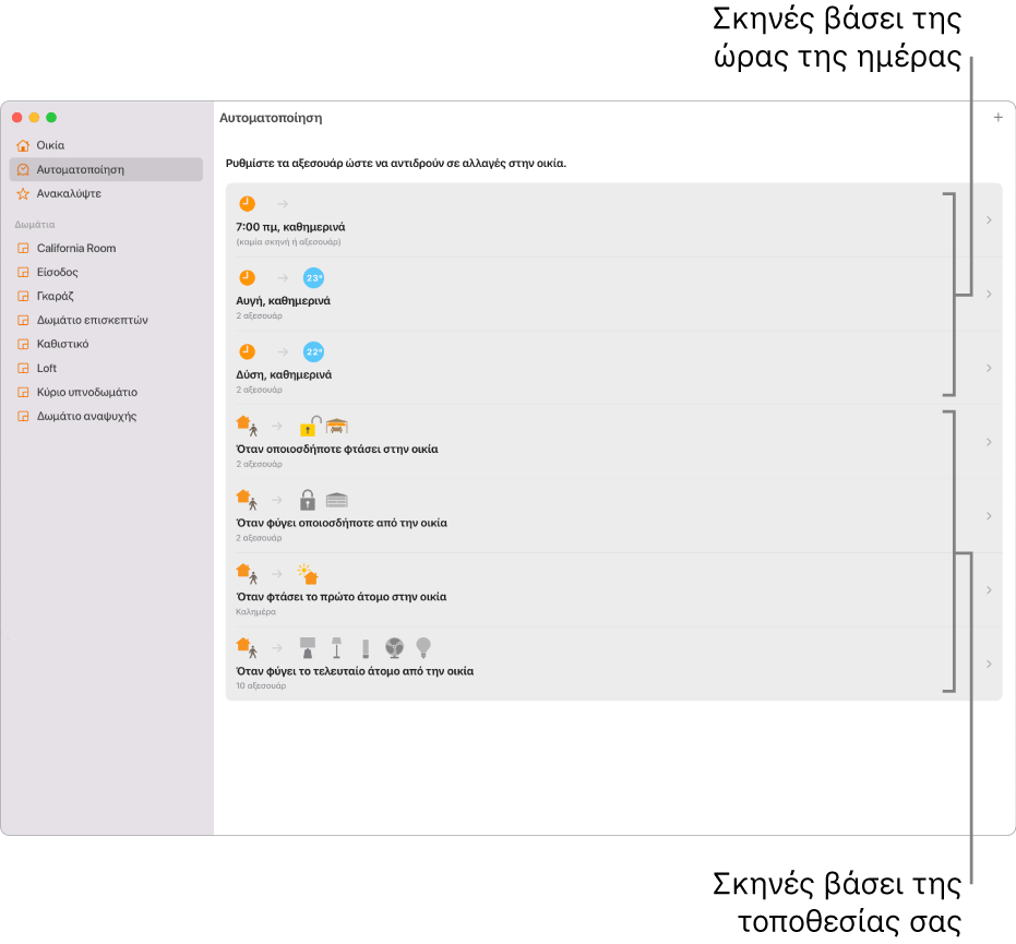Η οθόνη Αυτοματοποίησης, στην οποία εμφανίζονται σκηνές με βάση την ώρα της ημέρας και σκηνές με βάση την τοποθεσία σας, όπως όταν κάποιος φτάνει ή φεύγει από το σπίτι.