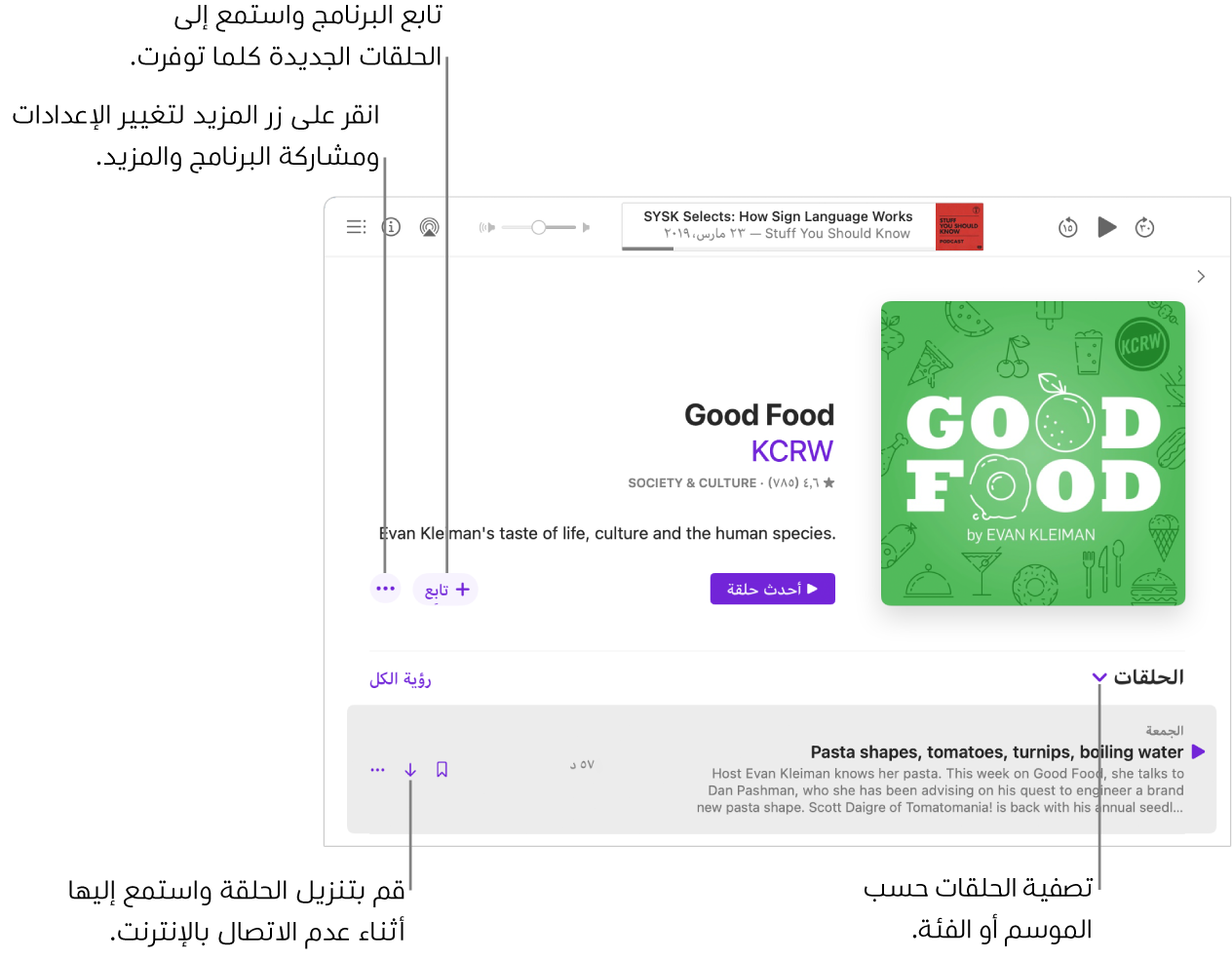 صفحة معلومات لبودكاست. انقر على متابعة للحصول على الحلقات الجديدة عند توفرها. انقر على زر المزيد لتغيير الإعدادات ومشاركة البرنامج والمزيد. تصفية الحلقات حسب الموسم أو الفئة. يمكنك تنزيل الحلقة إذا كنت ترغب في الاستماع إليها عندما تكون غير متصل بالإنترنت.