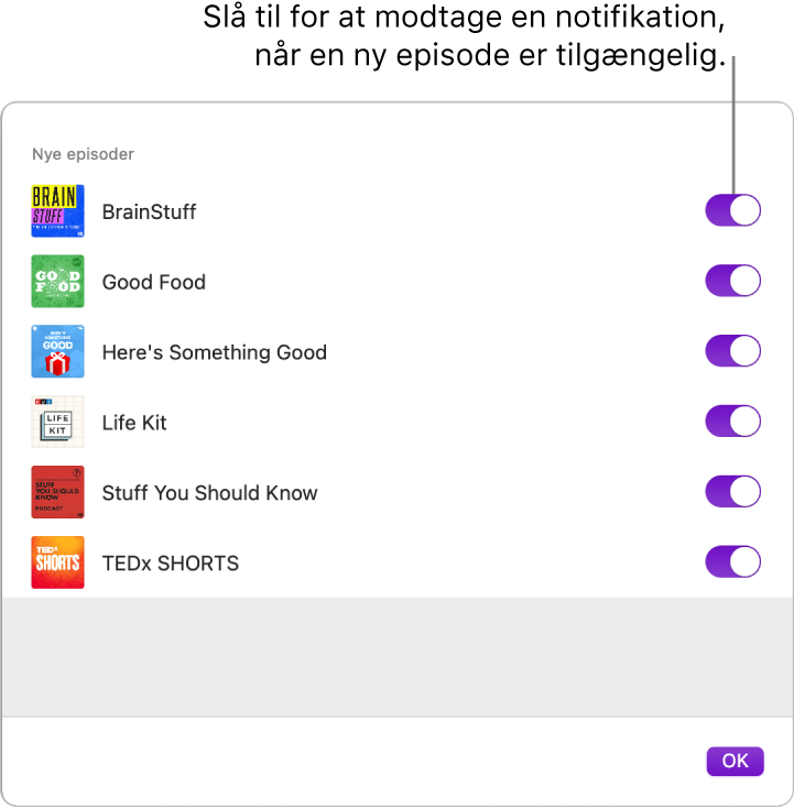 Notifikationsvinduet. Klik på kontakten for at få en notifikation, når en ny episode er tilgængelig.