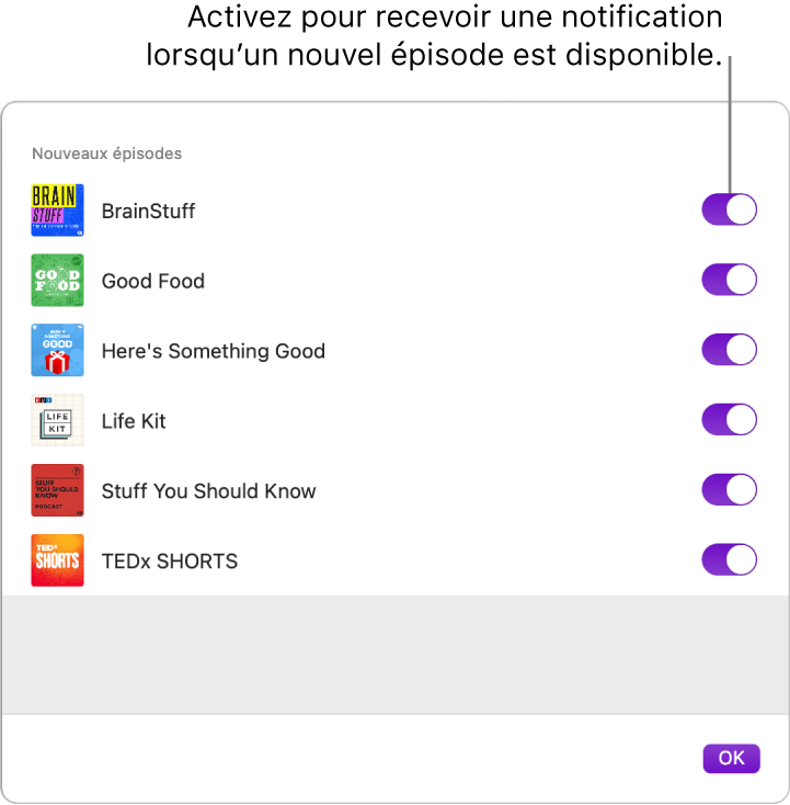 La fenêtre des notifications. Cliquez sur l’interrupteur pour recevoir une notification quand un nouvel épisode devient disponible.