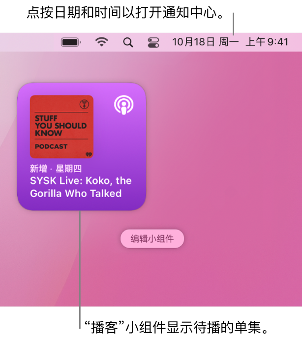 “待播清单”播客小组件显示最近添加的单集。点按菜单栏中的日期和时间以打开“通知中心”和自定小组件。
