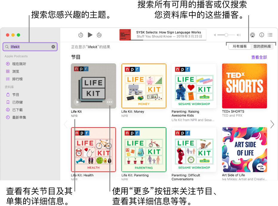 “播客”窗口，显示左上角的搜索栏中输入了文本，且与搜索所有播客的条件相匹配的单集和节目显示在屏幕右侧。点按节目下方的链接以查看节目及其单集的详细信息。使用节目的“更多”按钮以关注节目、更改其设置等。