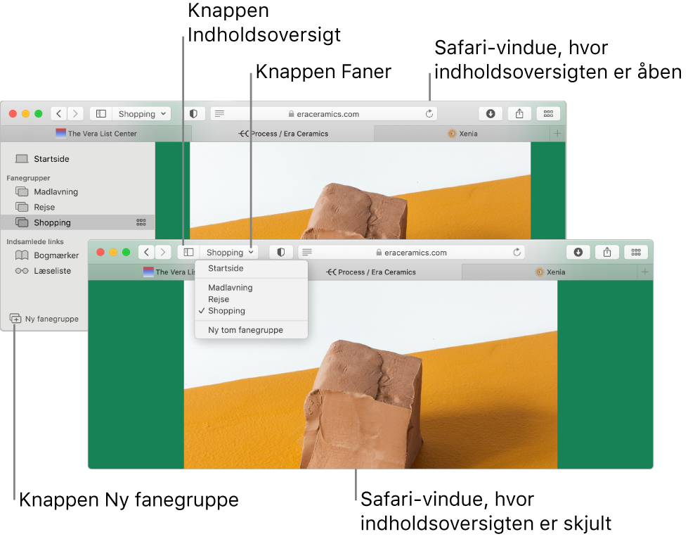 Fanegrupper i to Safari-vinduer. I det ene vindue vises fanegrupperne på en liste under pil ned ud for knappen Indholdsoversigt på værktøjslinjen. I det andet vindue vises de samme fanegrupper i indholdsoversigten.