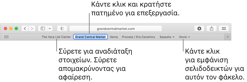 Η γραμμή «Αγαπημένα» με φάκελο σελιδοδεικτών. Για την επεξεργασία ενός σελιδοδείκτη ή φακέλου στη γραμμή, κάντε κλικ και κρατήστε τον πατημένο. Για αναδιάταξη στοιχείων στη ράβδο, πραγματοποιήστε μεταφορά. Για αφαίρεση ενός στοιχείου, σύρετέ το μακριά από τη γραμμή.