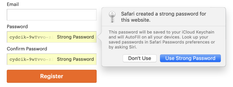 Account sign-up page, showing an automatically created password and the choice to decline it or use it.