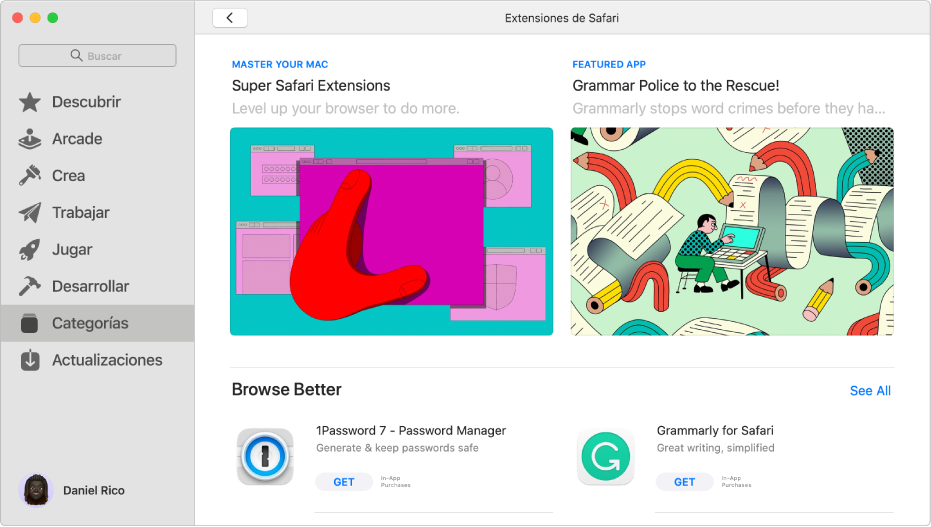 La página principal de Mac App Store. La barra lateral de la izquierda incluyen enlaces a diferentes áreas de la tienda, tales como Arcade y Crear, y se elige Categorías. A la derecha se encuentra la categoría de extensiones de Safari.