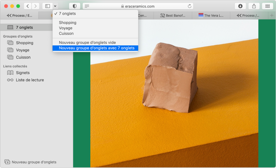 Une fenêtre Safari montrant la barre latérale avec des groupes d’onglets existants, la fenêtre principale avec plusieurs onglets ouverts et des options pour créer un nouveau groupe d’onglets.