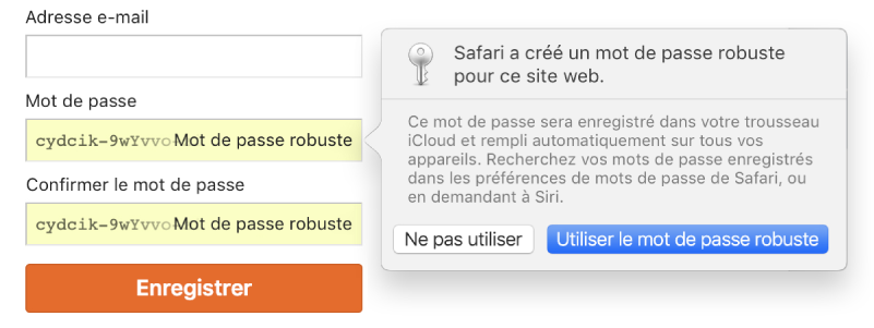 Page de connexion à un compte, avec un mot de passe créé automatiquement et les options permettant de le refuser ou de l’utiliser.