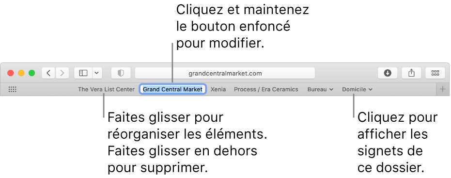 La barre des favoris avec un dossier signets. Pour modifier un signet ou un dossier dans la barre, cliquez dessus et maintenez-le enfoncé. Pour réorganiser des éléments de la barre, faites-les glisser. Pour supprimer un élément, faites-le glisser en dehors de la barre.