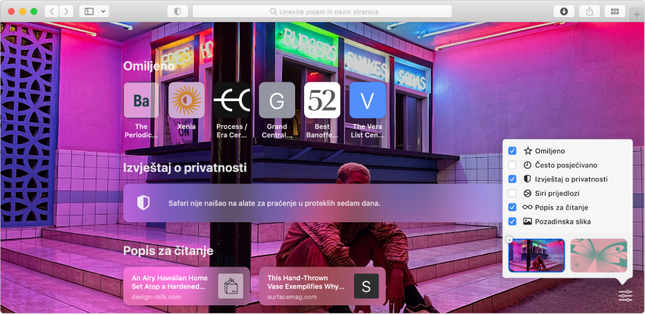 Početna stranica preglednika Safari s prikazom omiljenih web stranica, sažetka Izvješća o privatnosti i opcija početne stranice.