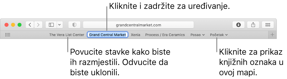 Traka Omiljene stavke s mapom knjižne oznake. Za uređivanje knjižne oznake u traci, kliknite na nju i držite ju pritisnutom. Za promjenu rasporeda stavki na traci povucite ih: Za uklanjanje stavke, povucite ju izvan trake.