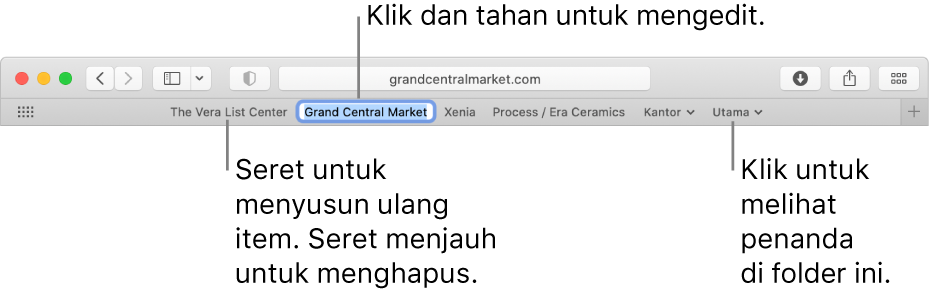 Bar Favorit dengan beberapa penanda dan folder penanda di dalamnya. Untuk mengedit penanda atau folder di bar, klik dan tahan. Untuk menyusun ulang item di bar, seret item. Untuk menghapus item, seret keluar dari bar.