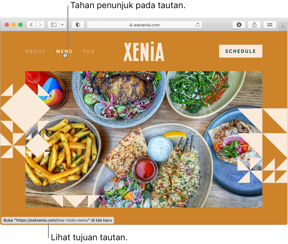 Penunjuk di atas tautan di halaman web dengan URL tautan ditampilkan di bar status di bagian bawah jendela.