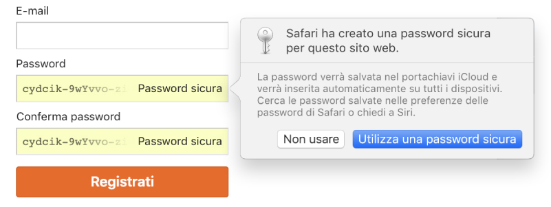 Pagina di accesso di un account, che mostra una password creata automaticamente e l'opzione di accettarla o rifiutarla.