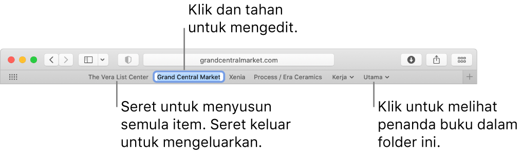 Bar Kegemaran dengan folder penanda buku. Untuk mengedit penanda buku atau folder dalam bar, tekan dan tahan ia. Untuk menyusun semula item dalam bar, seret item. Untuk mengeluarkan item, seretkannya jauh dari bar.