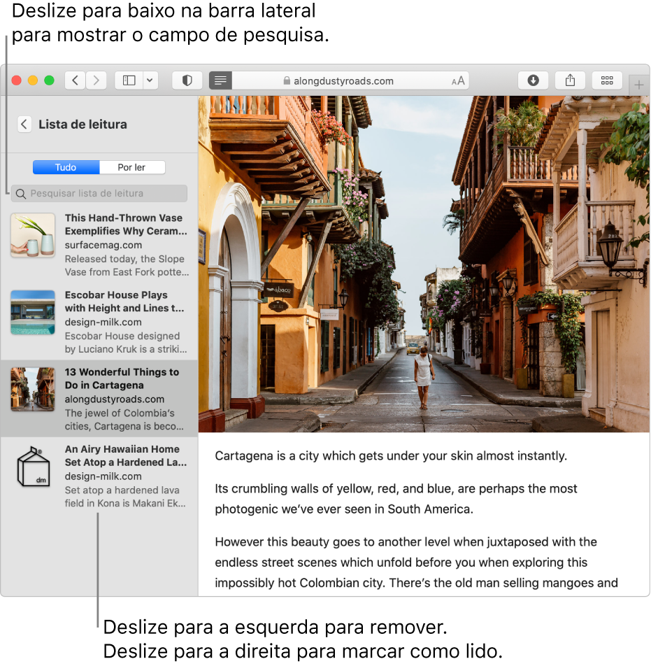 Uma janela do Safari com uma lista de leitura apresentada.