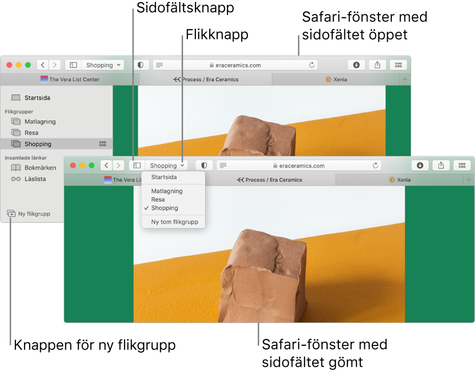 Flikgrupper i två Safari-fönster. I ett fönster visas flikgrupperna i en lista under nedåtpilen bredvid sidofältsknappen i verktygsfältet. I det andra fönstret visas samma flikgrupper i sidofältet.