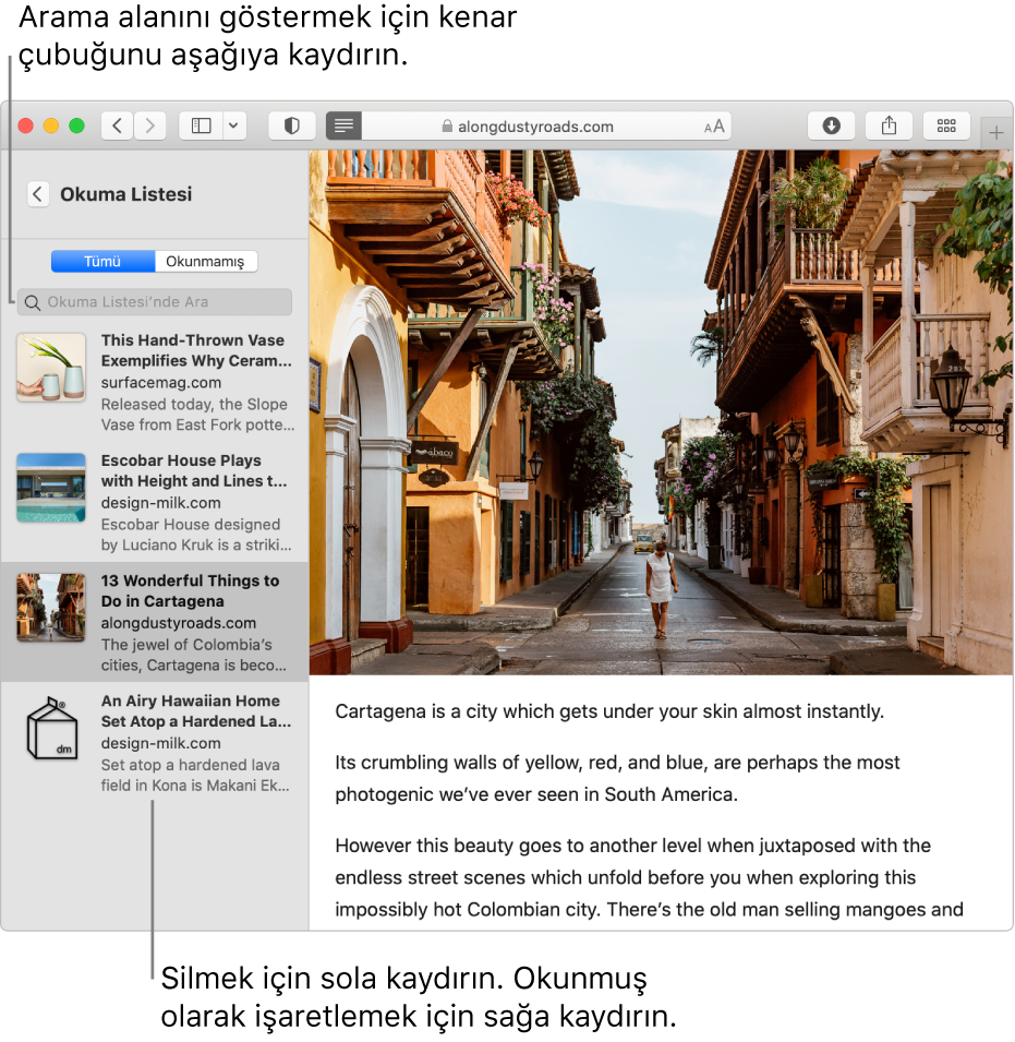 Okuma Listesi’nin görüntülendiği bir Safari penceresi.