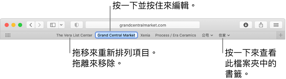 「喜好項目」列包含書籤檔案夾。若要編輯喜好項目列中的書籤或檔案夾，請按住它。若要重新排列喜好項目列中的項目，請拖移它們。若要移除項目，請將其從喜好項目列中拖出。