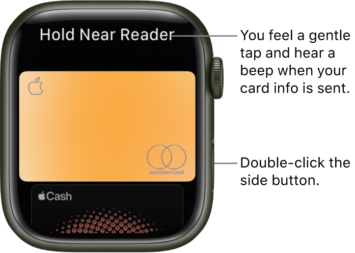 Apple Pay screen with “Hold Near Reader” at the top; you feel a gentle tap and hear a beep when your card info is sent.