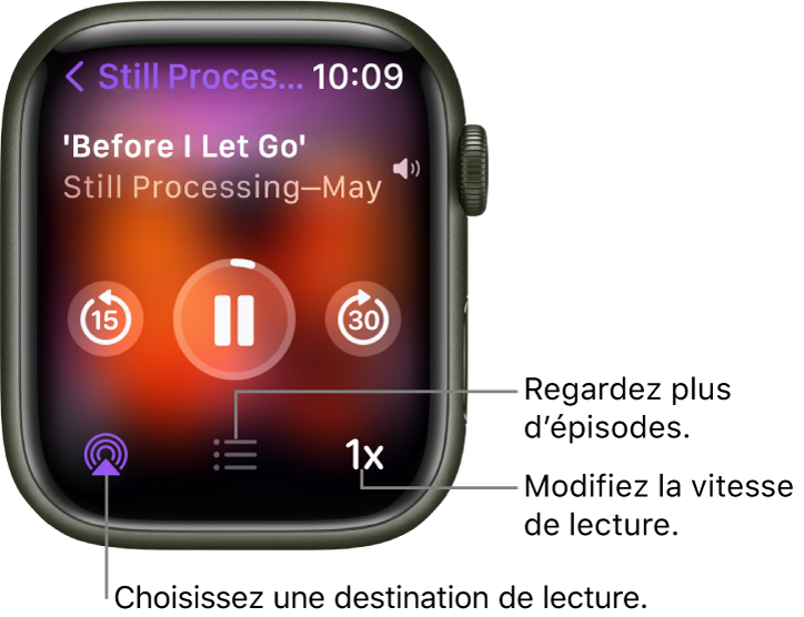 Un écran « À l’écoute de Podcasts » affichant le titre d’une émission, le titre d’un podcast, la date, un bouton pour revenir 15 secondes en arrière, un bouton pause, un bouton pour avancer de 30 secondes, un bouton Airplay, un bouton Épisodes et un bouton de vitesse de lecture.