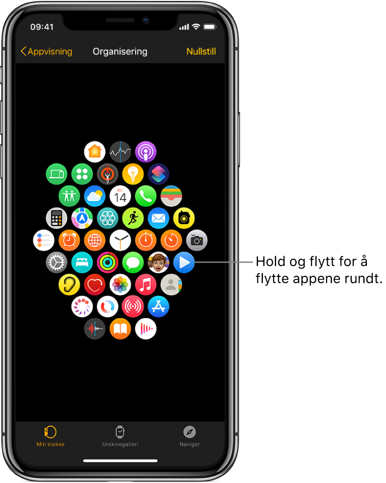 Organisering-skjermen i Apple Watch-appen som viser et rutenett med symboler.