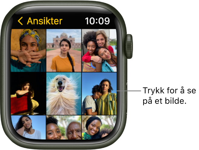 Hovedskjermen i Bilder-appen på Apple Watch, med flere bilder i et rutenett.