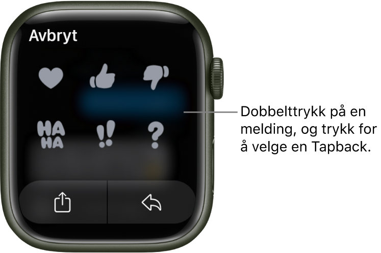 En Meldinger-samtale med Tapback-valg: hjerte, tommel opp, tommel ned, Ha Ha, !! og ?. Under vises en Svar-knapp.