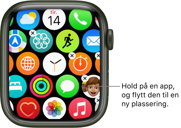 Hjem-skjermen på Apple Watch i rutenettvisning.