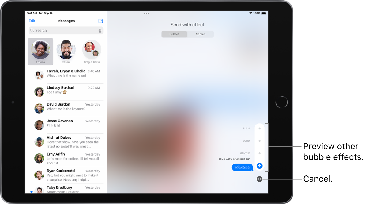 A message preview with the invisible ink effect. At the lower right, tap a control to preview other bubble effects. Tap the same control again to send, or tap the Cancel button below to return to your message.