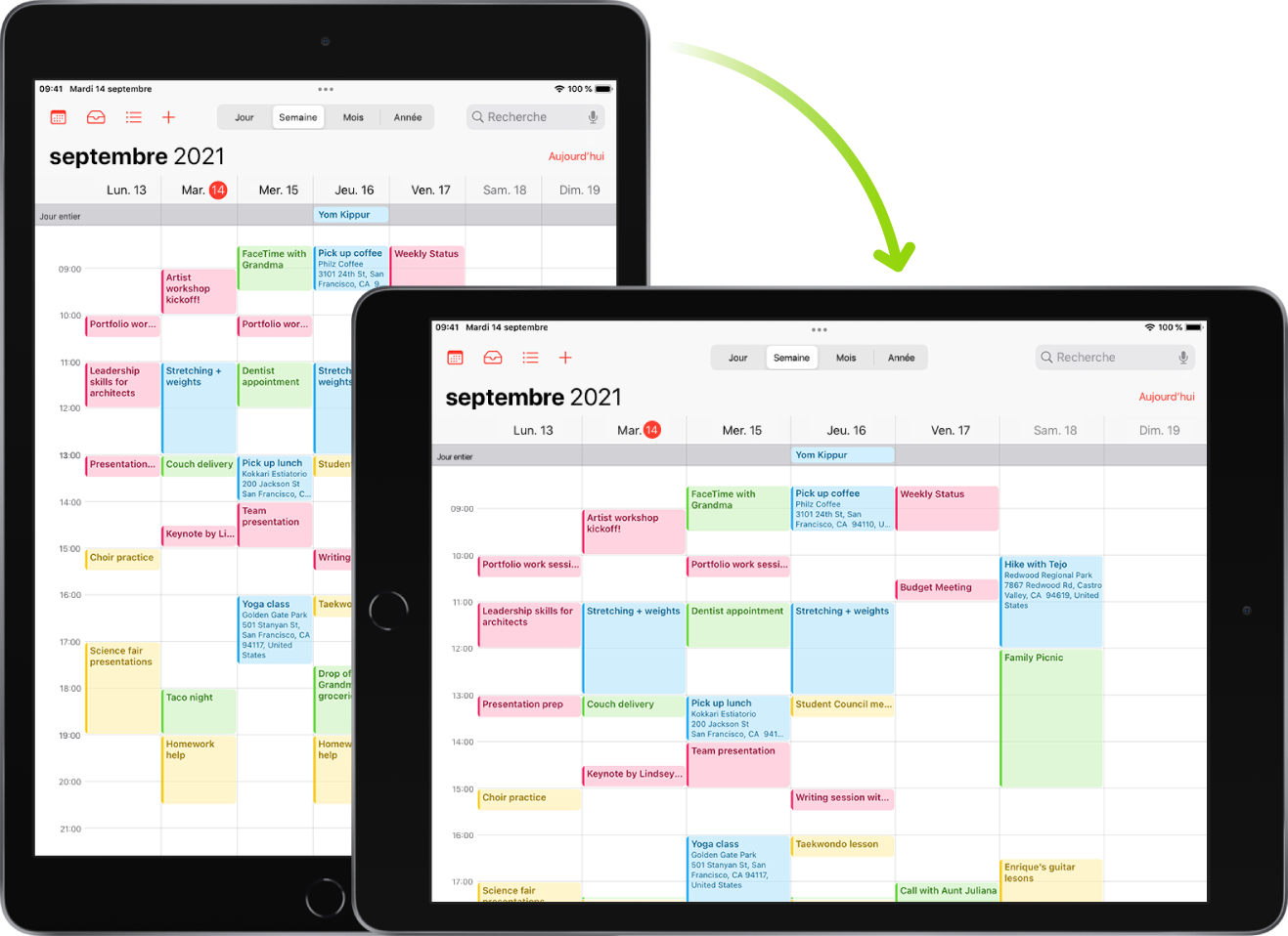 En arrière-plan, l’iPad présente un écran Calendrier en mode portrait ; au premier plan, l’iPad est tourné et affiche l’écran Calendrier en mode paysage.