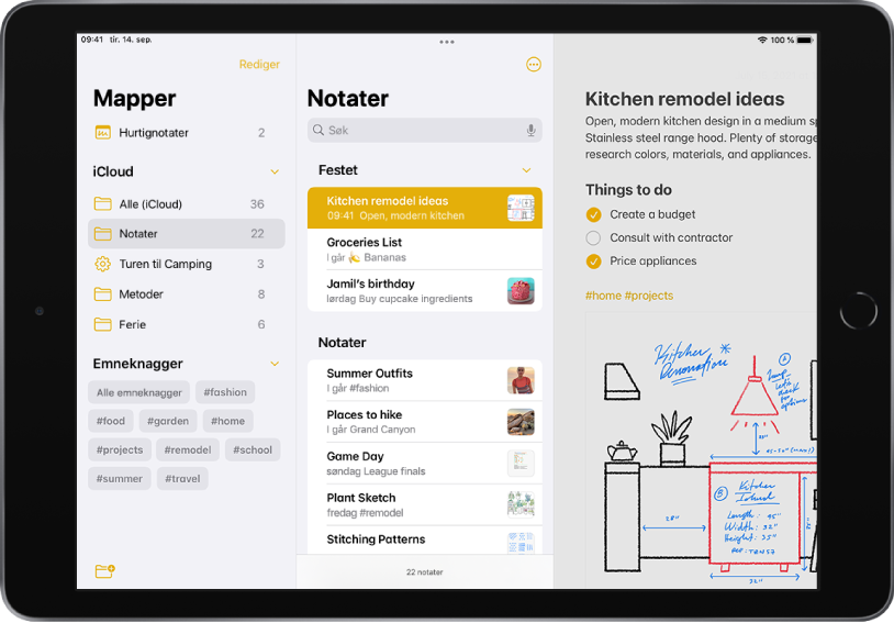 iPad i liggende retning med Notater-appen åpen. På venstre side av skjermen, fra øverst til nederst, vises: Mapper, iCloud og Emneknagger. Søkefeltet er i midten øverst på skjermen, etterfulgt av Festet og Notater. Et notat er åpent på høye side av skjermen.