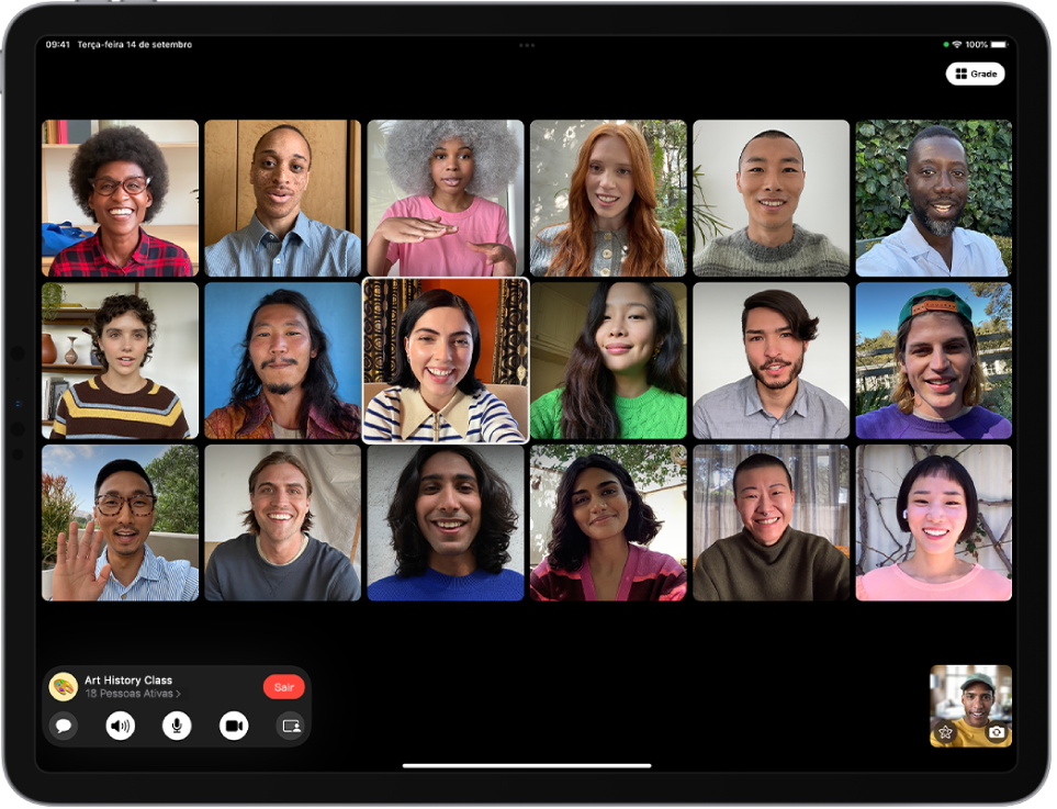 Uma ligação FaceTime em Grupo mostrando os participantes em Layout em Grade, com a imagem de quem está falando em destaque.