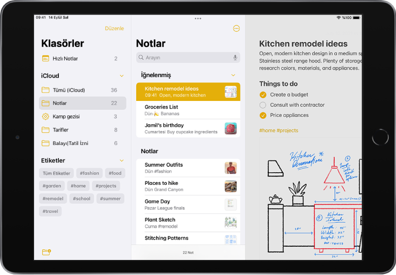 Notlar uygulamasının açık olduğu yatay yönde iPad. Ekranın sol tarafında, yukarıdan aşağıya şunlar var: Klasörler, iCloud ve Etiketler. Ekranın üst ortasında arama alanı var, ardından İğnelenmiş ve Notlar geliyor. Ekranın sağ tarafında bir not açık.