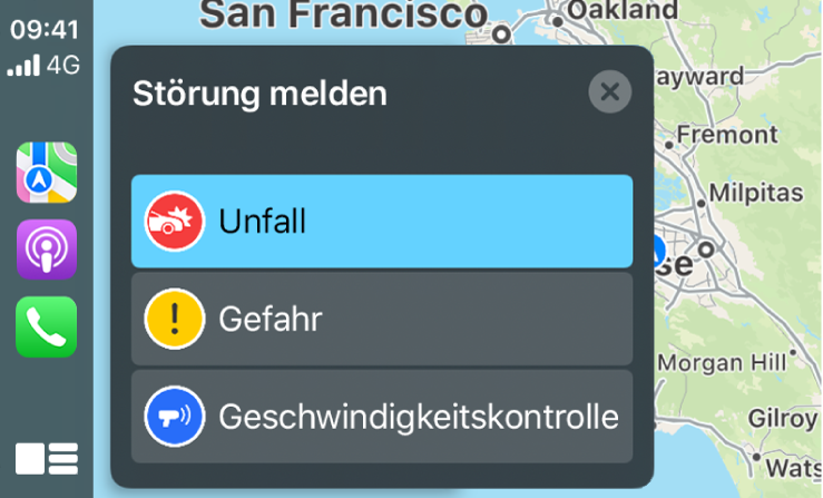 CarPlay mit Symbolen für die Apps „Karten“, „Podcasts“ und „Telefon“ auf der linken und einer Karte der aktuellen Umgebung auf der rechten Seite, auf der Unfälle, Gefahrenstellen oder Geschwindigkeitskontrollen gemeldet werden.